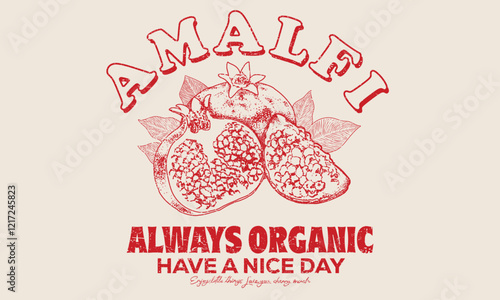 Amalfi Pomegranate fruit artwork. Summer food poster design. Fresh pomegranate fruit print. Fresh food artwork for for t shirt. Nature watercolor design. Hand sketch artwork.