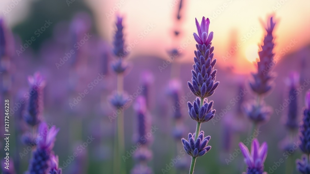 Obraz premium Close-up of lavender flowers in a sunlit field at sunset 