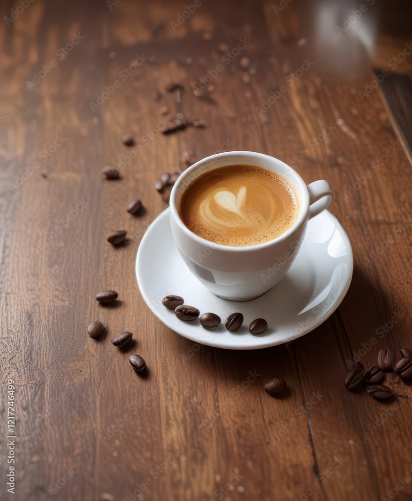Espresso Coffee Cup with Beans on Wooden Table, beans, wooden, interior Espresso Coffee Cup with Beans on Wooden Table, beans, wooden, interior