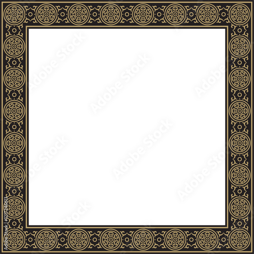 Vector square gold and black ancient Russian ornament. Slavic rectangle, border, frame. Painting of the royal chambers