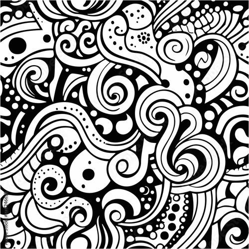 Illustration Dessin Abstrait Lignes, Gribouillis, Pop Design, Couleurs Noir et Blanc, Entrelacs, Courbes, Vagues, Nature