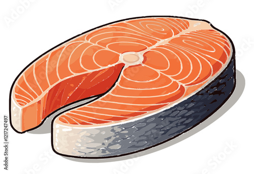 Fresh salmon steak illustration with vibrant orange flesh and detailed texture
