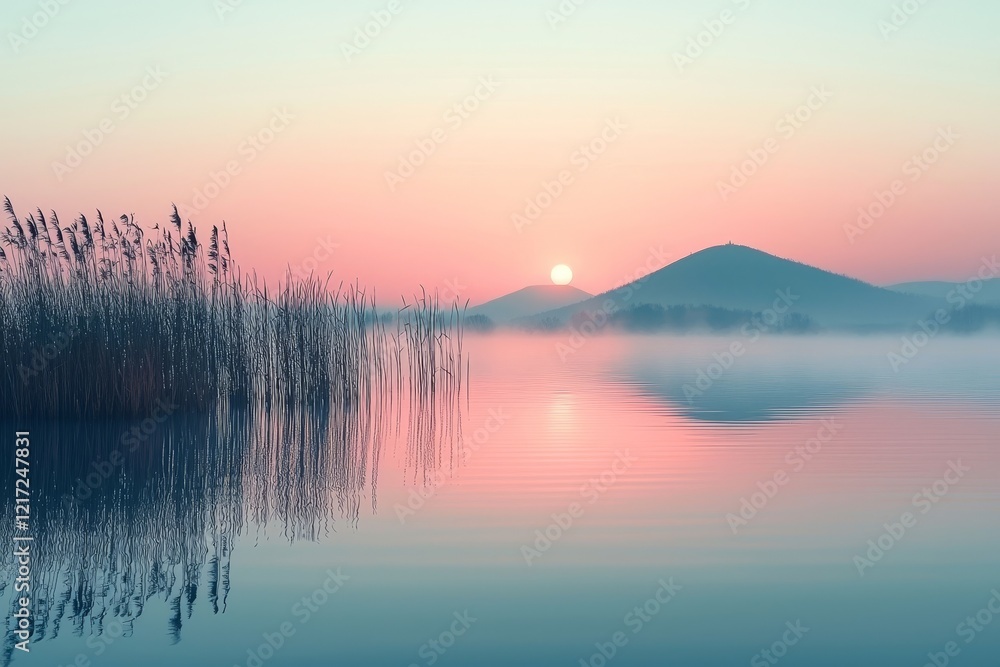 Fototapeta premium A sparse representation of a lake at dawn, softly lit