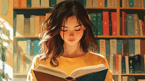 Young Woman Reading in a Library