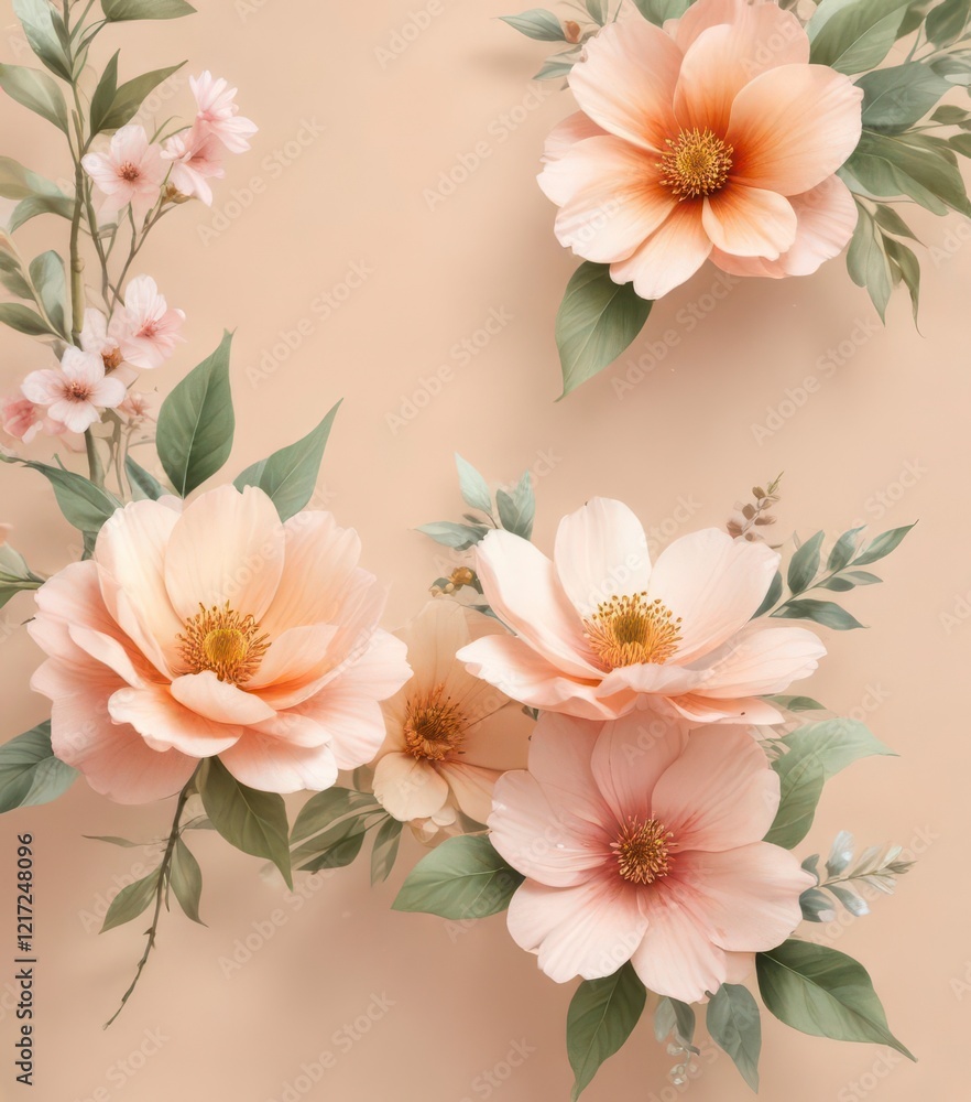 Naklejka premium Delicate watercolor flowers on a soft peach background, floral design, flowers, gentle bloom