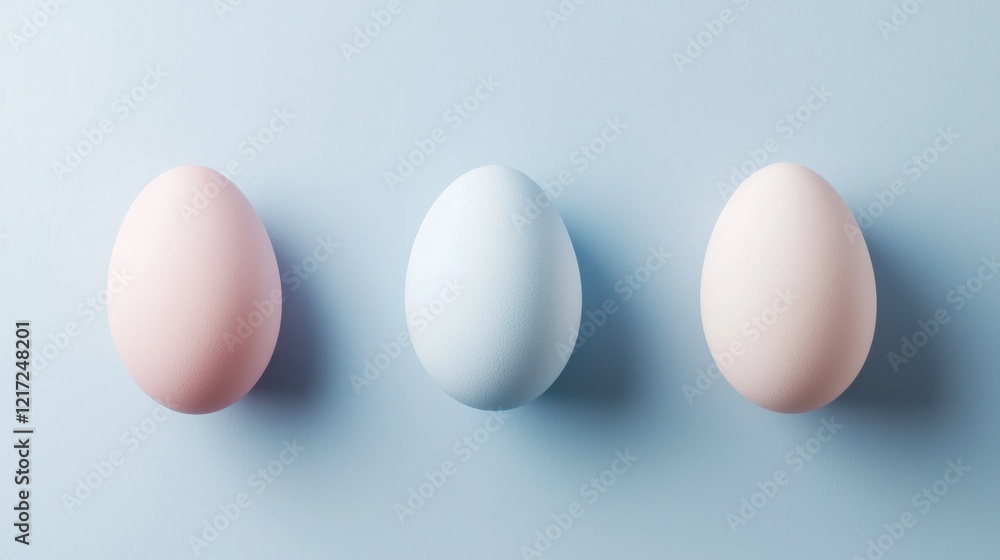 Three eggs on a light blue background. the eggs are arranged in a triangular formation, with the largest egg in the center and two smaller ones on either side. Three eggs on a light blue background. the eggs are arranged in a triangular formation, with the largest egg in the center and two smaller ones on either side.