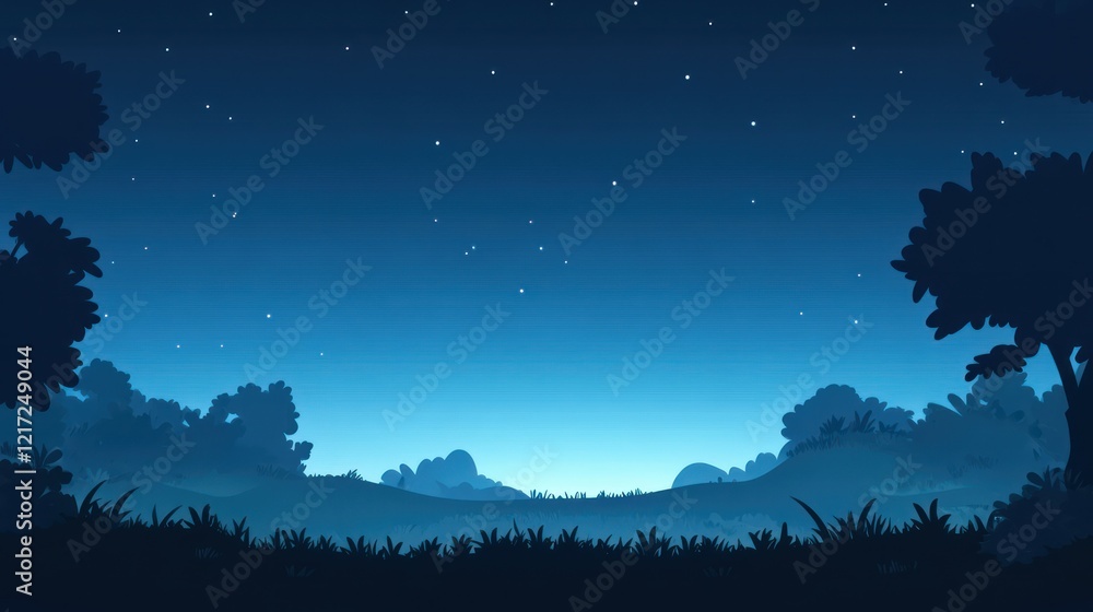 Naklejka premium Night sky over a tranquil forest landscape.