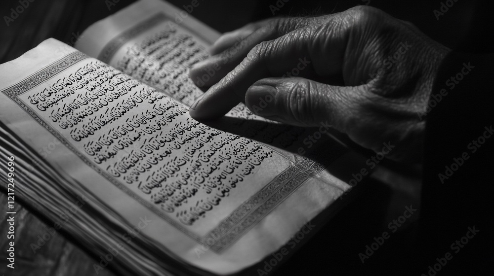 Naklejka premium Elderly hands reading ancient text.