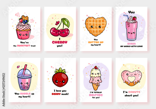 Set of cute card with hand drawn cupcake, cherries, heart shaped waffle and donut, milkshake, bubble tea, strawberry, ice cream characters and funny inscription.  For Valentine's Day, print, poster