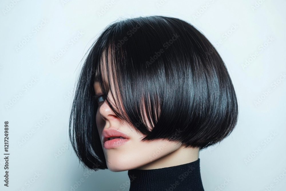 hairstyle haircut Asymmetrical bob haircut with sleek black hair and soft expression hairstyle haircut Asymmetrical bob haircut with sleek black hair and soft expression