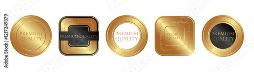 Premium quality product. Set of square and round gold sticker, label, badge, icon, logo. Isolated vector illustration