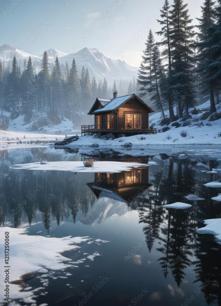 Fototapeta premium A peaceful lake reflected in the calm surface of a frozen pond near a cozy cabin, snowy trees, icy waters
