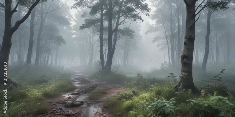 Naklejka premium Gentle watercolor brushstrokes on a misty forest floor, nature, mist, watercolor