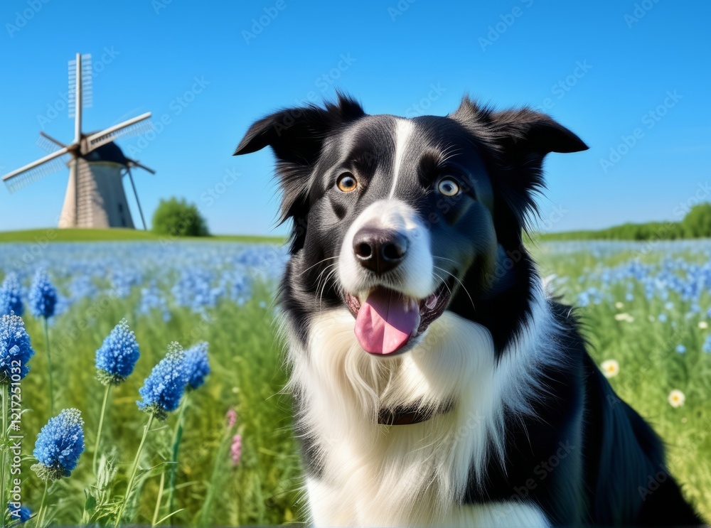 Border collie posing joyfully in a vibrant flower field with a windmill in the background on a sunny day Border collie posing joyfully in a vibrant flower field with a windmill in the background on a sunny day