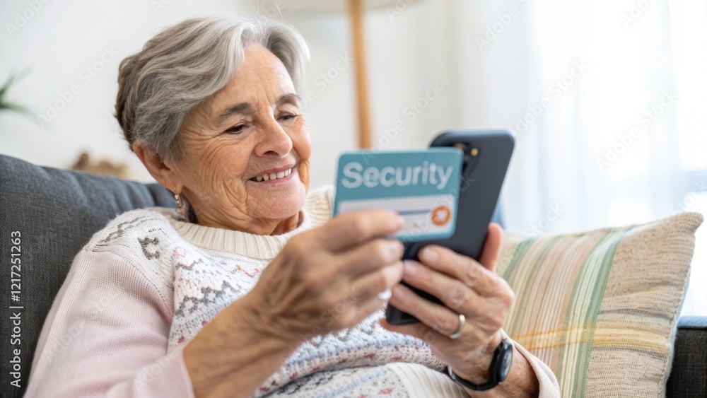 Social security benefits. An elderly woman smiles while using her smartphone to check security information at home. Social security benefits. An elderly woman smiles while using her smartphone to check security information at home.