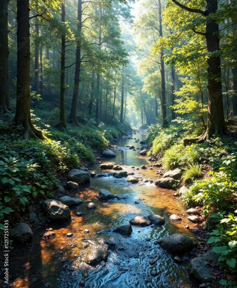 A narrow stream flows through the heart of the forest, its crystal clear waters reflecting the dappled light filtering through the canopy, dappled, stream A narrow stream flows through the heart of the forest, its crystal clear waters reflecting the dappled light filtering through the canopy, dappled, stream