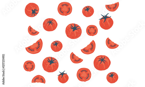 Tomato pattern. Red tomato vintage t-shirt design. Organic vegetable farm. Tomato vegetable artwork for t shirt print, poster, sticker and other uses. Fresh vegan food. Blooming tomatoes art.