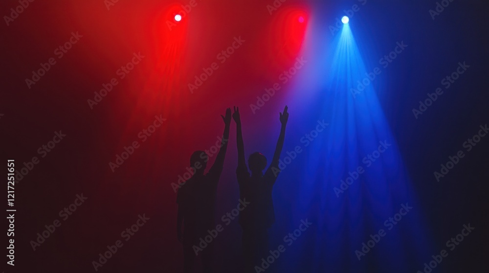 Silhouetted figures with arms raised under red and blue stage lights. Silhouetted figures with arms raised under red and blue stage lights.