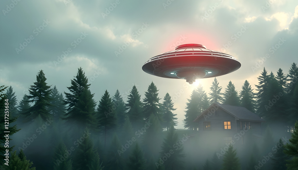 Fototapeta premium UFO flies over the forest and scans the house. 3D Rendering, dinamic scene, with white tones