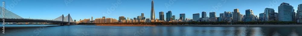 An expansive view showcasing a segment of Seoul's skyline over the Han River An expansive view showcasing a segment of Seoul's skyline over the Han River
