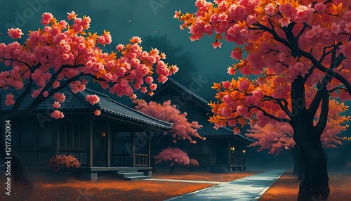 Japanese architecture with cherry blossoms in full bloom at twilight ambiance creates serene atmosphere