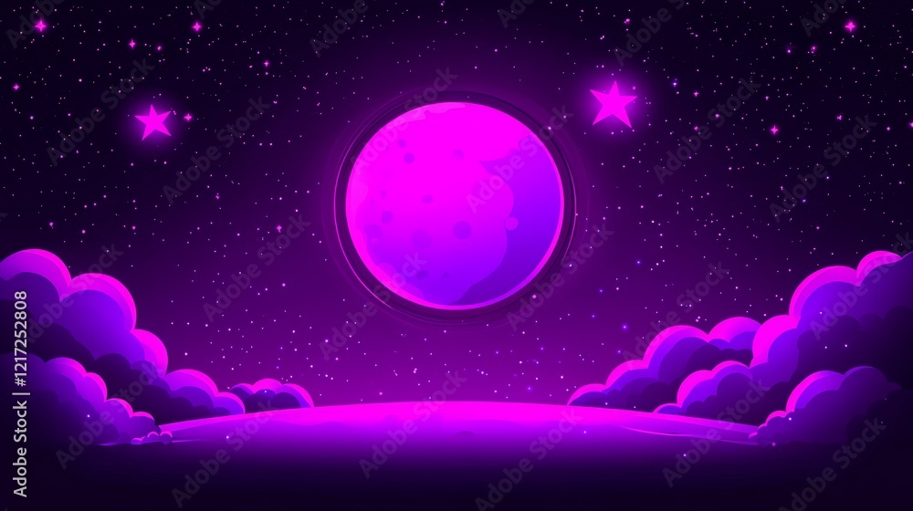 Fototapeta premium Glowing Purple Moon and Starry Night Sky with Clouds