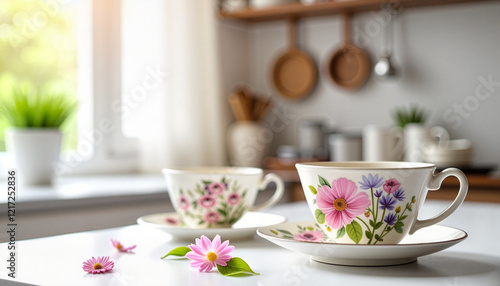 Wallpaper Mural Delicate porcelain teacups with floral patterns in bright kitchen, elegance Torontodigital.ca