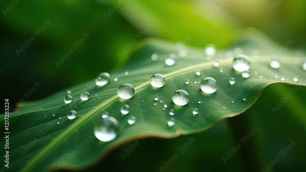 Close-up of a tropical green leaf with dew drops in sunlight Close-up of a tropical green leaf with dew drops in sunlight