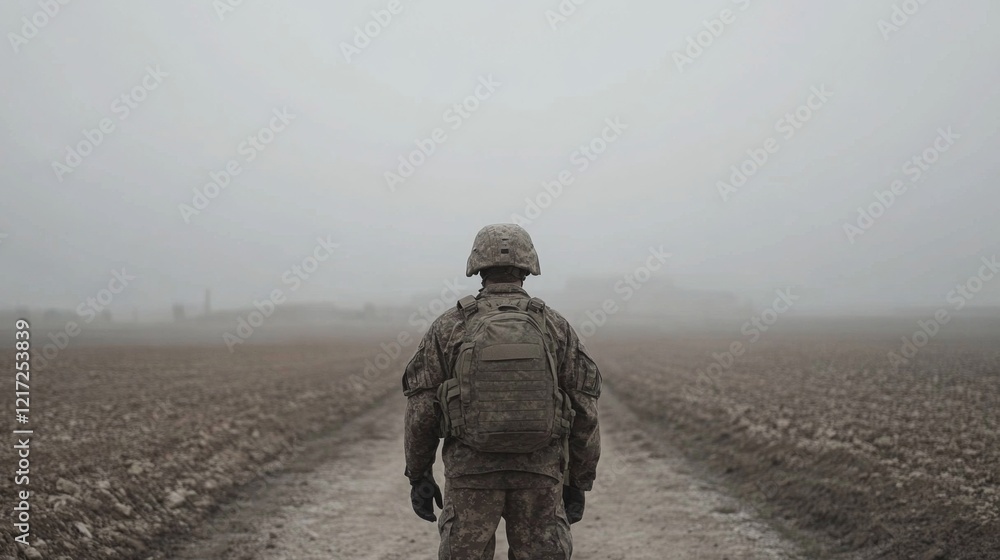 Soldier walking along a foggy path in a barren landscape with distant buildings obscured Soldier walking along a foggy path in a barren landscape with distant buildings obscured