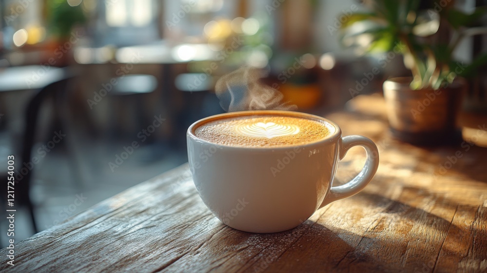 Steaming latte on a wooden table, soft bokeh background, cozy cafe ambiance. Warmth and comfort in every sip. Steaming latte on a wooden table, soft bokeh background, cozy cafe ambiance. Warmth and comfort in every sip.