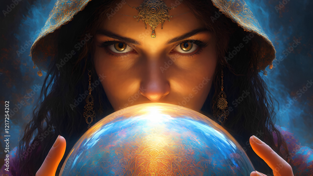 Naklejka premium Close up of female fortuneteller or esoteric Oracle gazing into crystal ball at spiritual seance, focus on eyes. Guessing for the future. Magic sphere predictions. Mind power, wallpaper or web banner