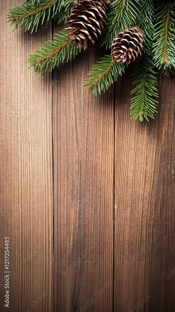 Wooden surface decorated with pine branches and cones accentuates a cozy winter atmosphere Wooden surface decorated with pine branches and cones accentuates a cozy winter atmosphere