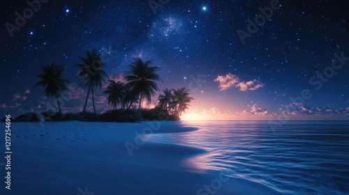 Beach at Night with Palm Trees