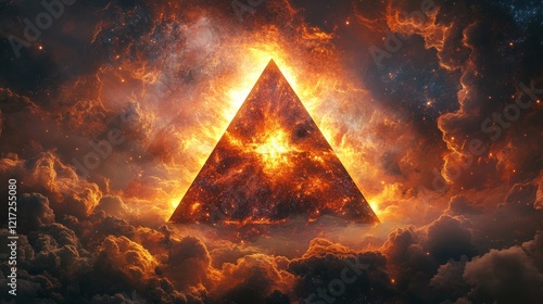 A glowing cosmic pyramid emitting radiant energy in a dramatic nebula-filled sky. Ideal for fantasy, sci-fi, and space-inspired designs, symbolizing power, mystery, and the unknown.