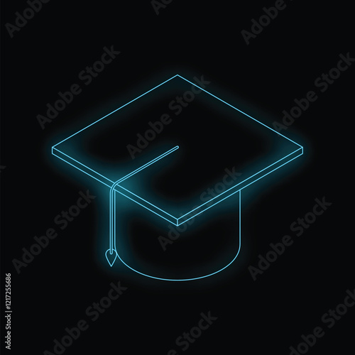 Neon blue graduation hat glowing on a dark background representing online education