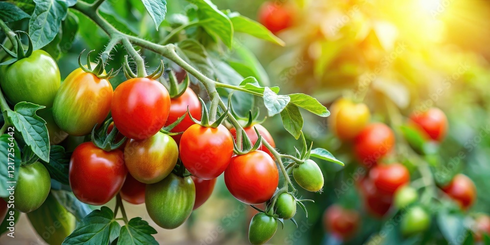 A lush tomato plant with green leaves and red ripening tomatoes hanging from its branches, foliage, leafy greens, vegetable garden, tomato plant A lush tomato plant with green leaves and red ripening tomatoes hanging from its branches, foliage, leafy greens, vegetable garden, tomato plant