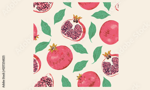 Pomegranate pattern artwork. Fresh pomegranate fruit print. Fruits of the spirit. Fresh food artwork for for t shirt. Always organic. Summer food poster design. Hand sketch artwork.
