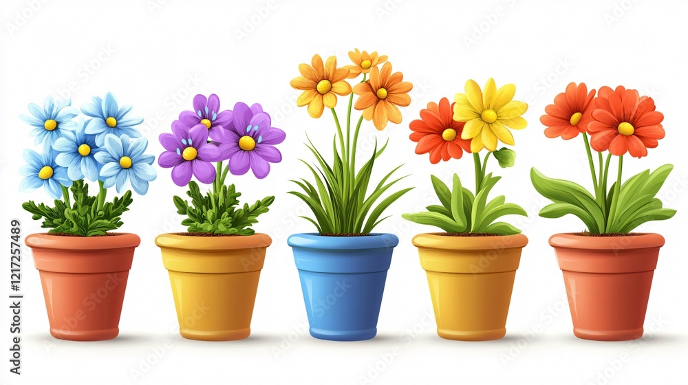 Fototapeta premium Vibrant Flowers Pots Cartoon Vector Illustration