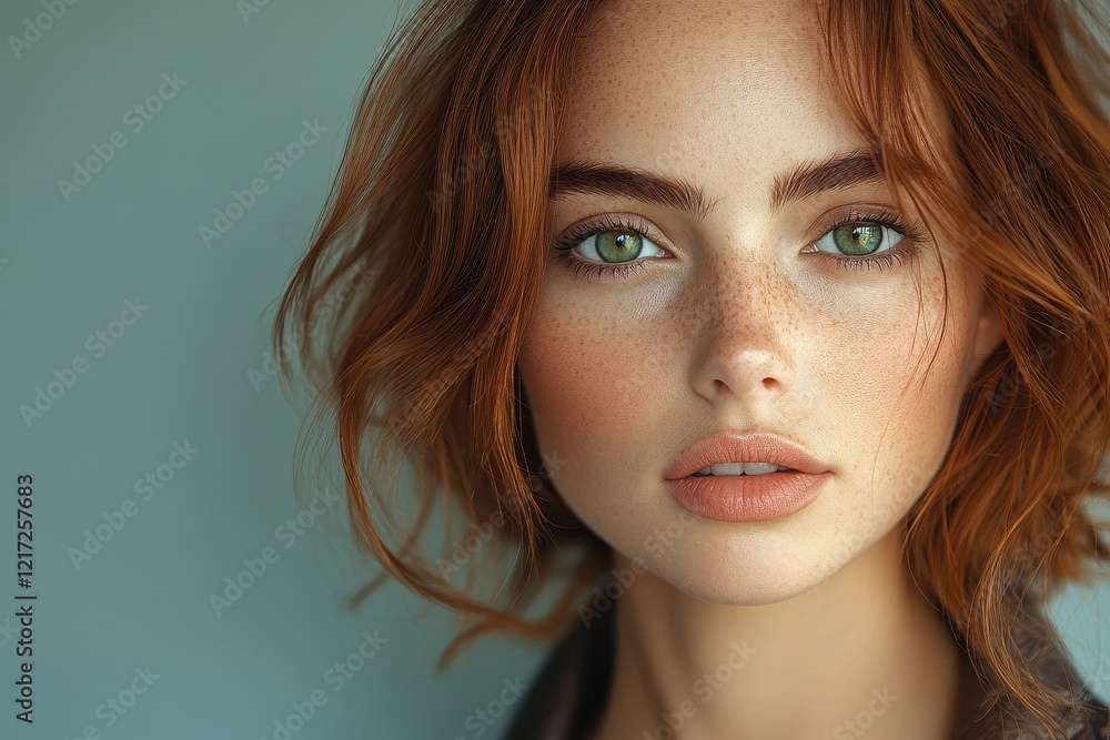 A close-up portrait of a young woman with red hair and green eyes. A close-up portrait of a young woman with red hair and green eyes.