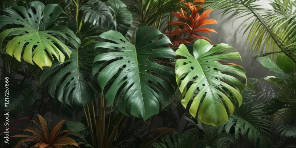 Fototapeta premium Exotic Monstera palm plants with lush greenery and colorful leaves, herbs, palm, plants
