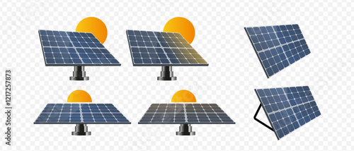 A high-quality solar panel with sun. Solar battery panel. Green technology concepts. Clean renewable energy. Eco energy