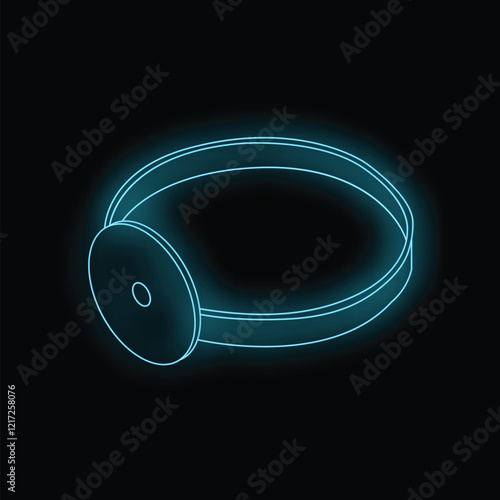 Neon blue medical head mirror glowing on black background