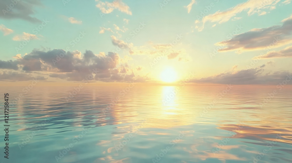 A peaceful ocean scene with calm, glassy waters reflecting a soft pastel sky, gentle ripples creating a serene and tranquil atmosphere A peaceful ocean scene with calm, glassy waters reflecting a soft pastel sky, gentle ripples creating a serene and tranquil atmosphere