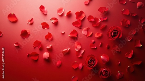 Love in Bloom: A Stunning Display of Passionate Red Roses and Delicate Petals, Adorning a Rich Crimson Canvas, Symbolizing the Beauty and Joy of Love.