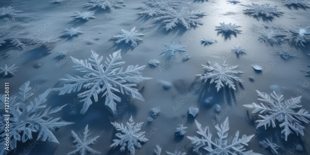 Geometric patterns of blue ice and snowflakes on a frosty ground,  icy,  snowflake