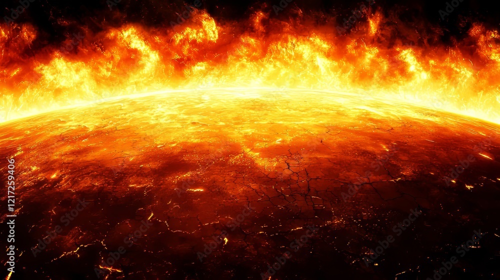 Fiery planet inferno event burning earth landscape sci-fi environment dramatic viewpoint for visual impact Fiery planet inferno event burning earth landscape sci-fi environment dramatic viewpoint for visual impact