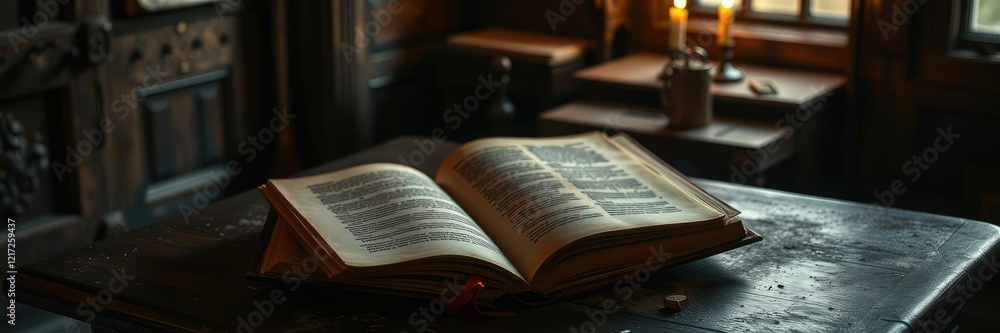 A lone, candlelit page from an old, leather-bound book resting on a dusty, antique table in a forgotten attic, evening atmosphere, vintage paper A lone, candlelit page from an old, leather-bound book resting on a dusty, antique table in a forgotten attic, evening atmosphere, vintage paper
