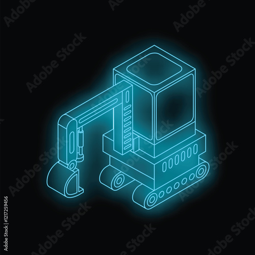 Neon excavator glowing against a black background, representing the construction industry and modern technology