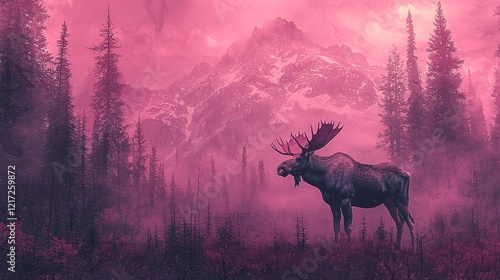 The sunsets create a surreal nature scene in the double exposure of a majestic moose within a serene forest and mountain landscape. Majestic. Illustration photo