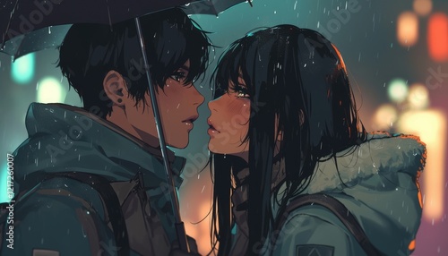 Wallpaper Mural Anime Couple Sharing Umbrella In Rain Torontodigital.ca